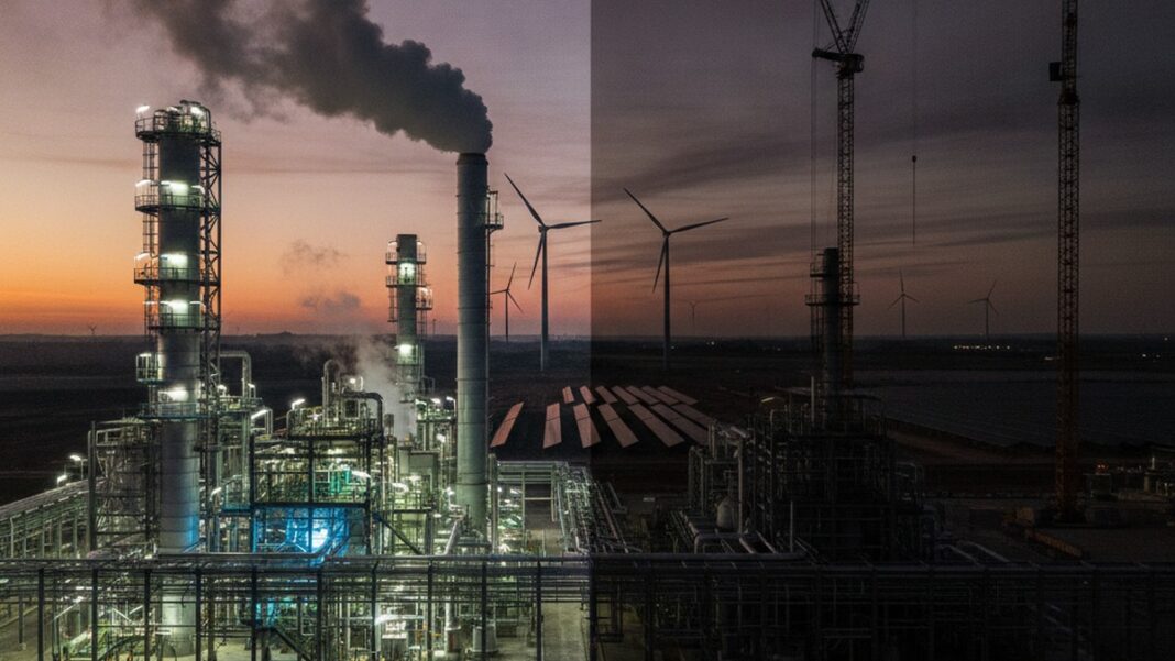 What a $2.9 Billion Hydrogen Write-Off Reveals About the Next Decade of Climate Capex A half-operational, half-idle green hydrogen electrolyser plant at dusk, illustrating the divide between funded and abandoned hydrogen projects