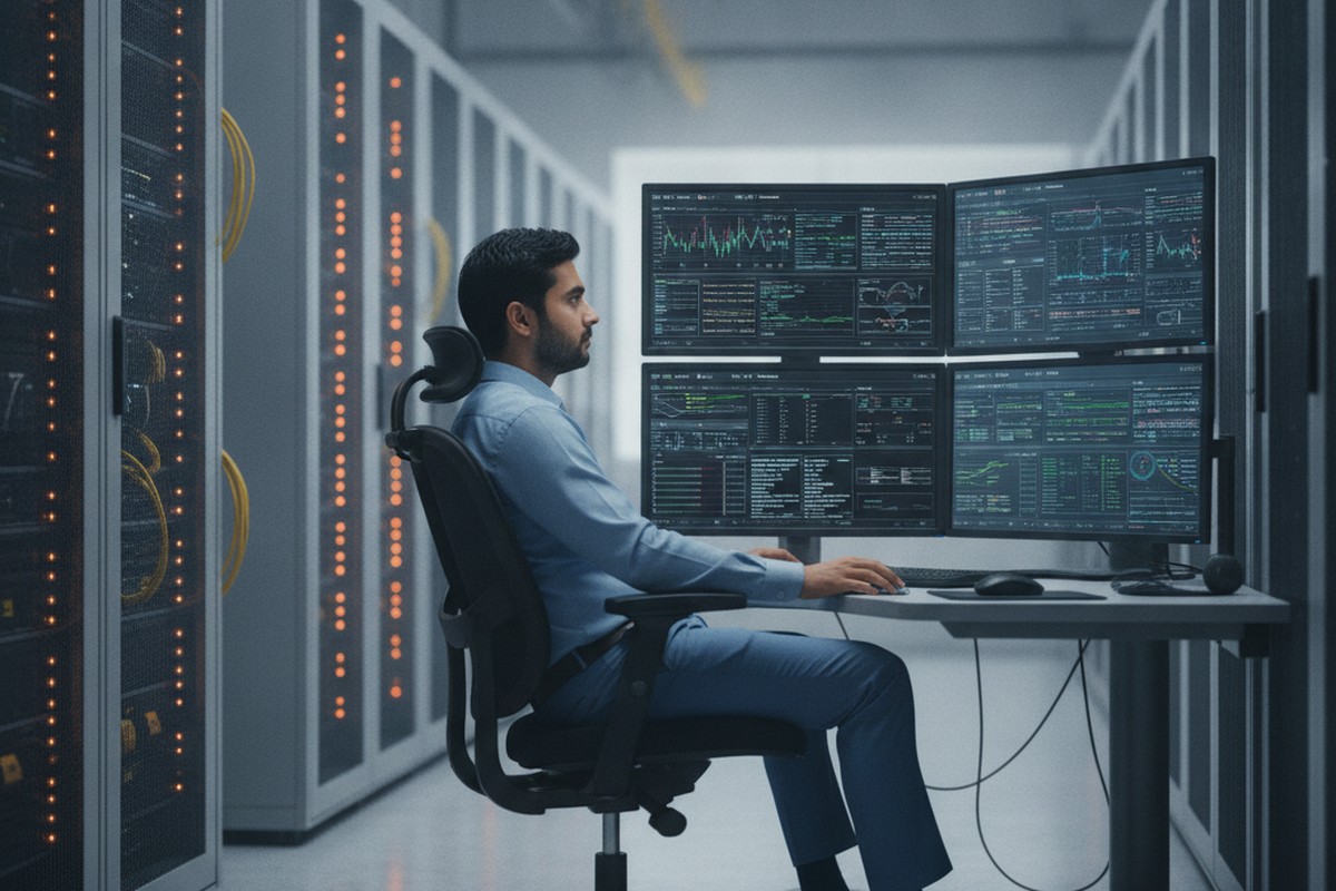 An engineer monitors GPU compute cluster dashboards in a data center control room, representative of Indias IndiaAI Mission compute facility