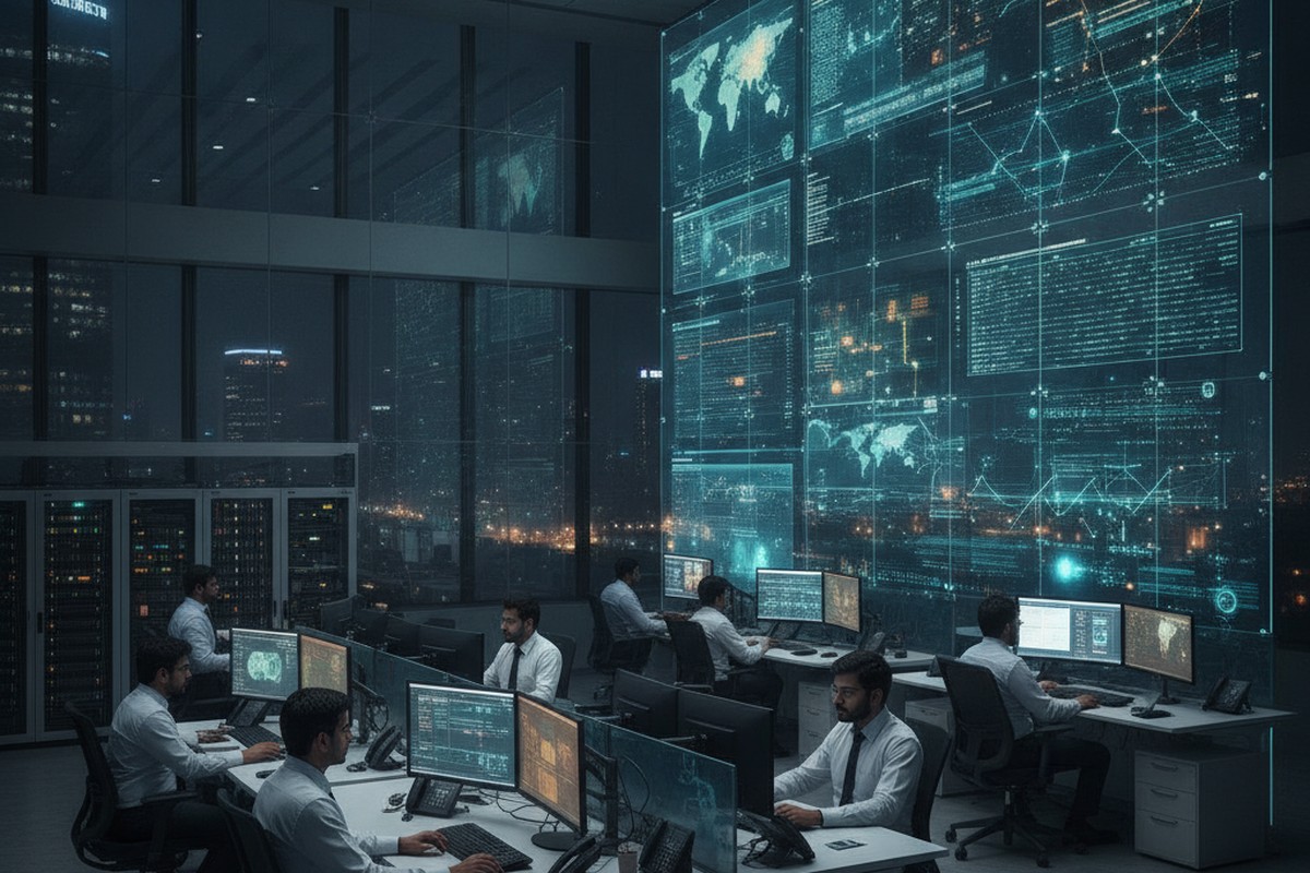 Cybersecurity analysts at a bank operations center in Mumbai, India, monitoring encrypted financial data flows