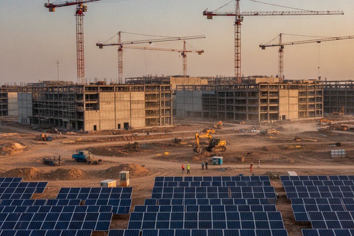 A data center campus under construction in India with solar panels in the foreground