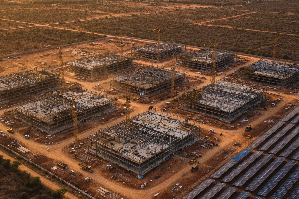 Aerial view of a large AI data center campus under construction in India