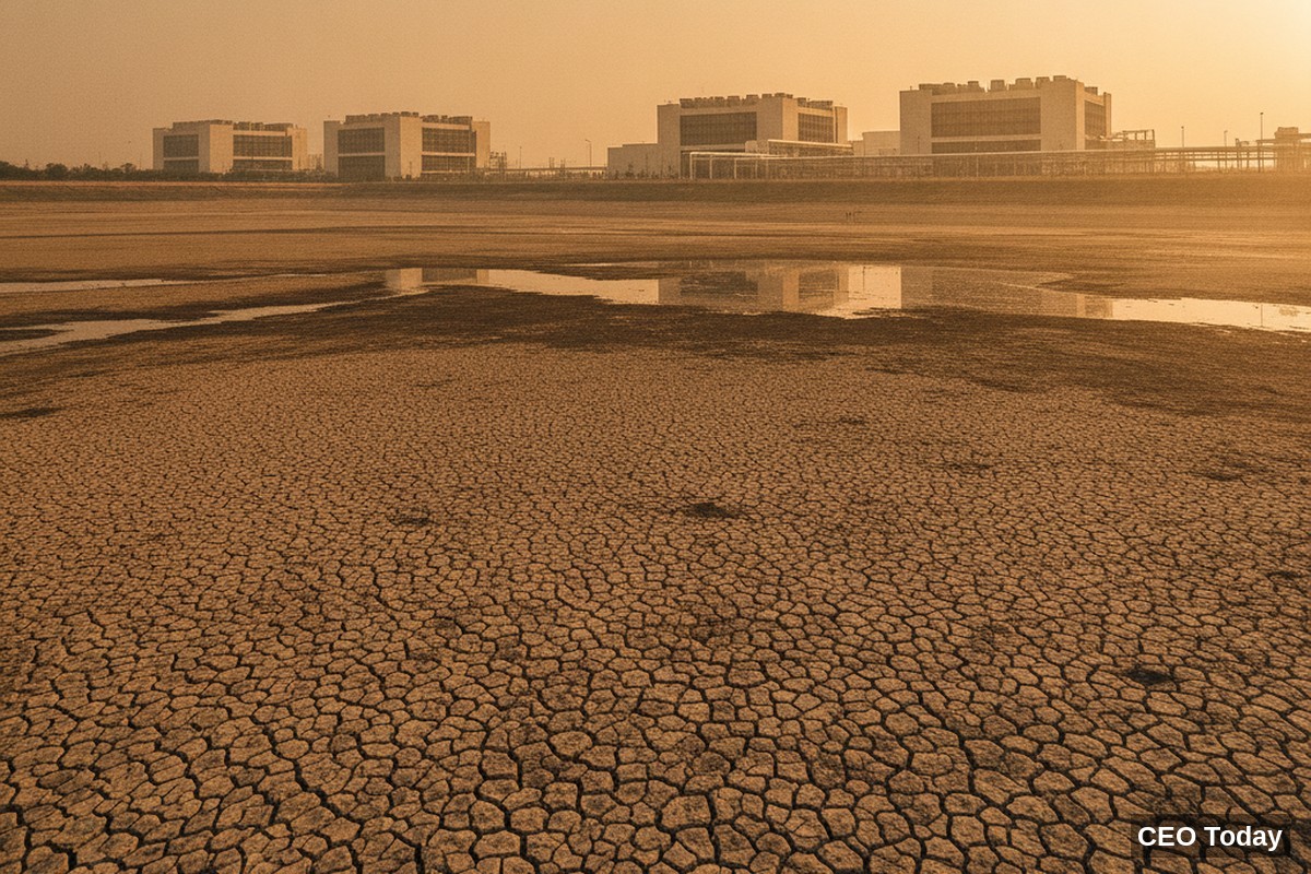 A nearly dry reservoir with cracked lakebed in the foreground and data center buildings visible on the horizon, illustrating water stress near data center hubs in India.