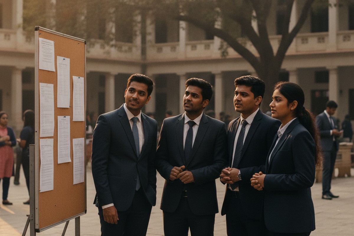 Diverse group of young Indian engineering graduates at a campus placement fair looking at a mostly empty company stall board