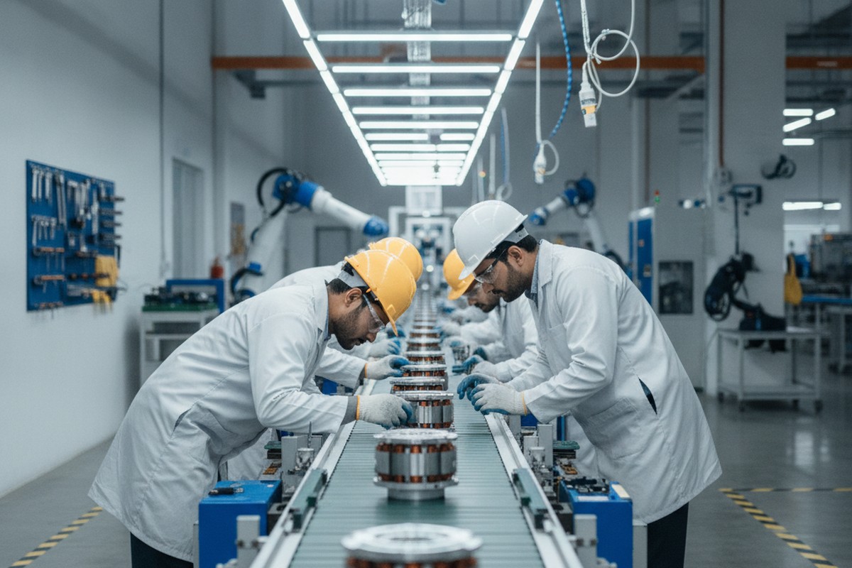 Engineers inspecting electric motor components on an assembly line at an Indian manufacturing plant