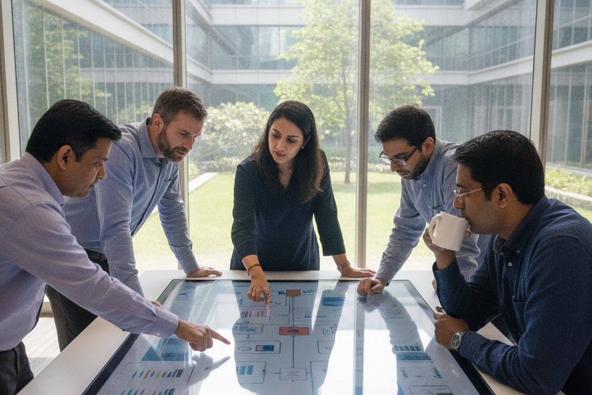 Senior engineering and product leaders in a strategy discussion at a modern Indian technology campus
