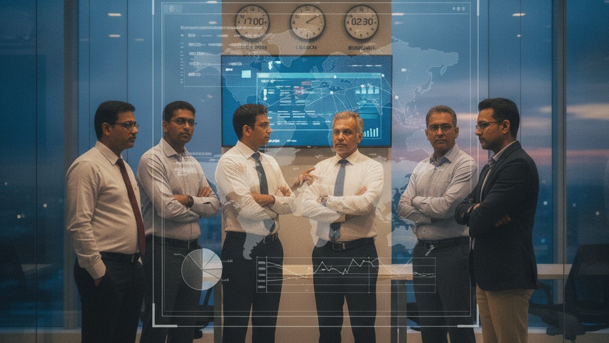 Product leadership team collaborating at a Global Capability Centre in Bengaluru, India, reviewing a global product roadmap
