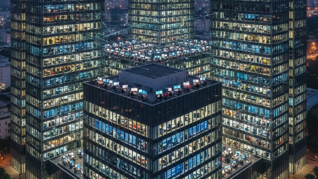 The GCC Boom Isn’t a Talent Story. It’s an Unresolved Fight Over Who Actually Runs the Company. A multinational Global Capability Center campus lit up at night in Bengaluru, India, symbolizing the rise of GCCs as strategic technology hubs