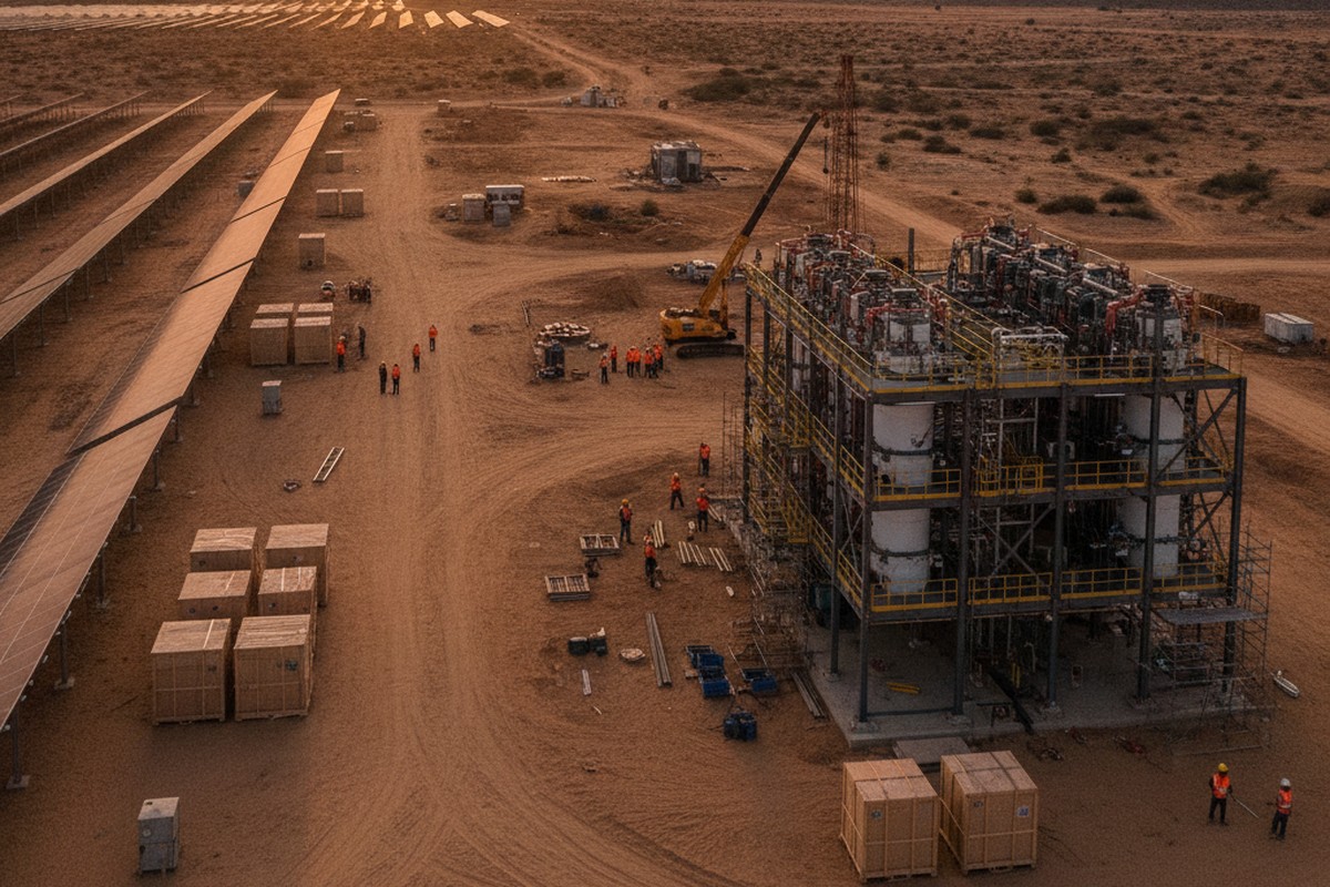A solar and electrolyser installation under construction in an arid Indian landscape, illustrating India's green hydrogen supply-side build-out