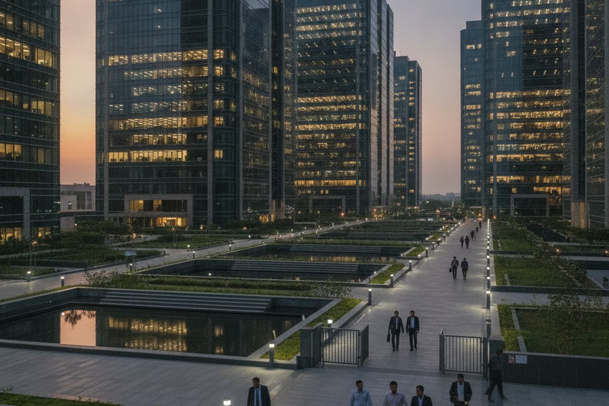 A large Indian IT services corporate campus lit up at dusk as employees leave for the day