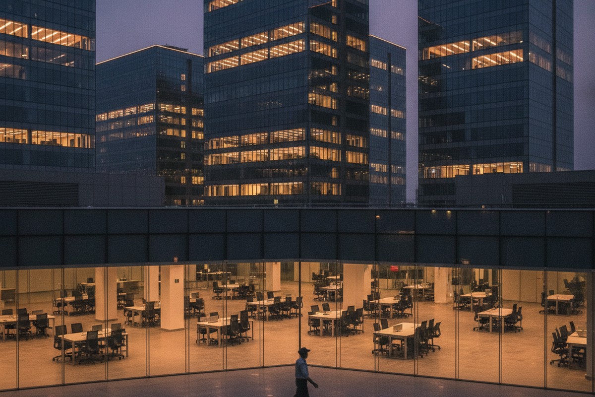 An empty induction and training hall at an Indian IT services office campus, reflecting the slowdown in entry-level hiring