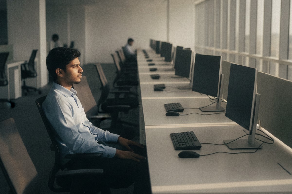 A young software engineer in a Bangalore IT services office sits beside a row of empty desks meant for new graduate hires, reflecting the fresher hiring freeze in Indian IT