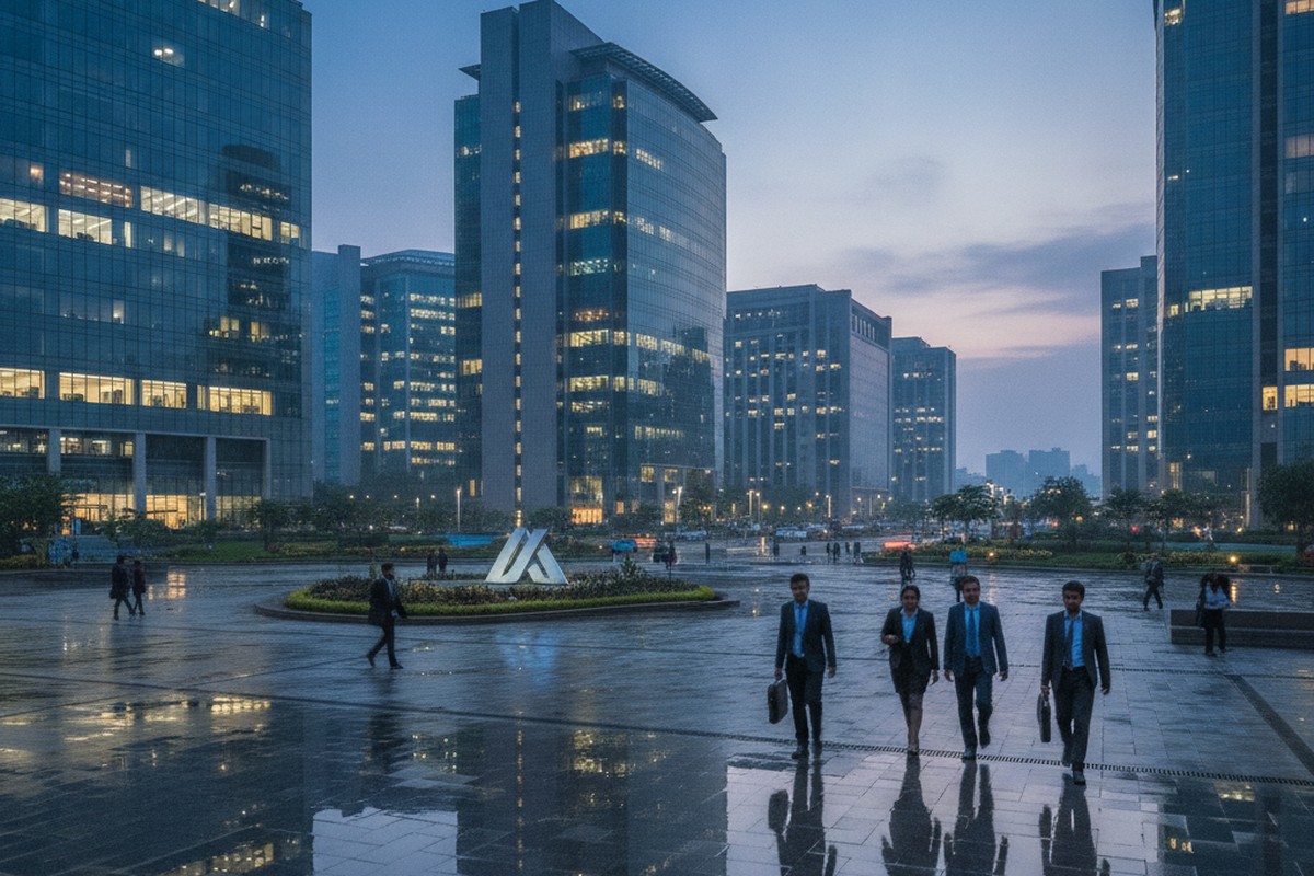 An Indian IT services corporate campus at dusk