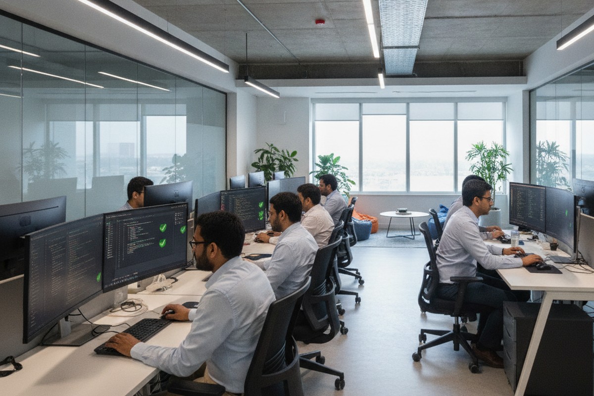 Indian software engineers at an IT services office working alongside AI agent tools on their screens