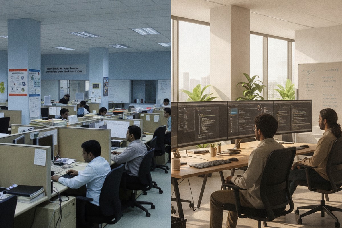 Split composition contrasting a traditional IT services office floor with a modern AI-focused GCC workspace in India