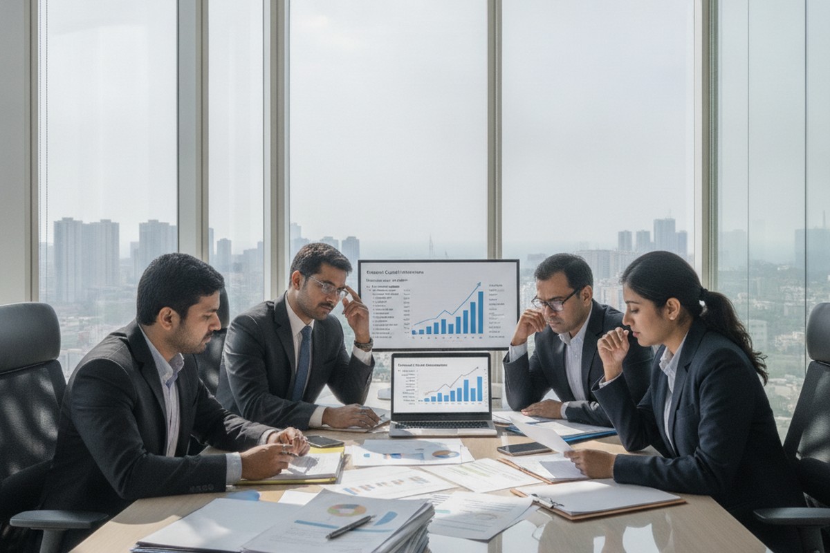 An Indian finance team reviews private credit fund documents and financing charts in a Mumbai office