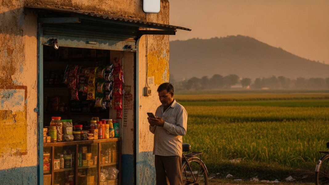 The Starlink Spectrum Deal Isn’t a Regulatory Giveaway. It’s a Blueprint for How Incumbents Surrender Infrastructure to Keep the Customer. A satellite internet dish installed beside a small rural Indian shopfront, illustrating satellite broadband reaching underserved areas