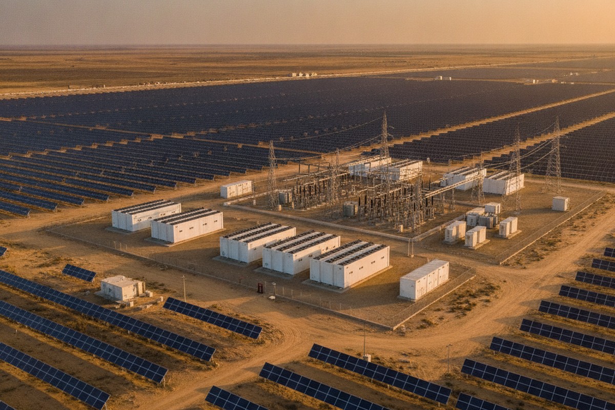 Rows of solar panels and battery energy storage containers at a renewable power facility in Gujarat, India