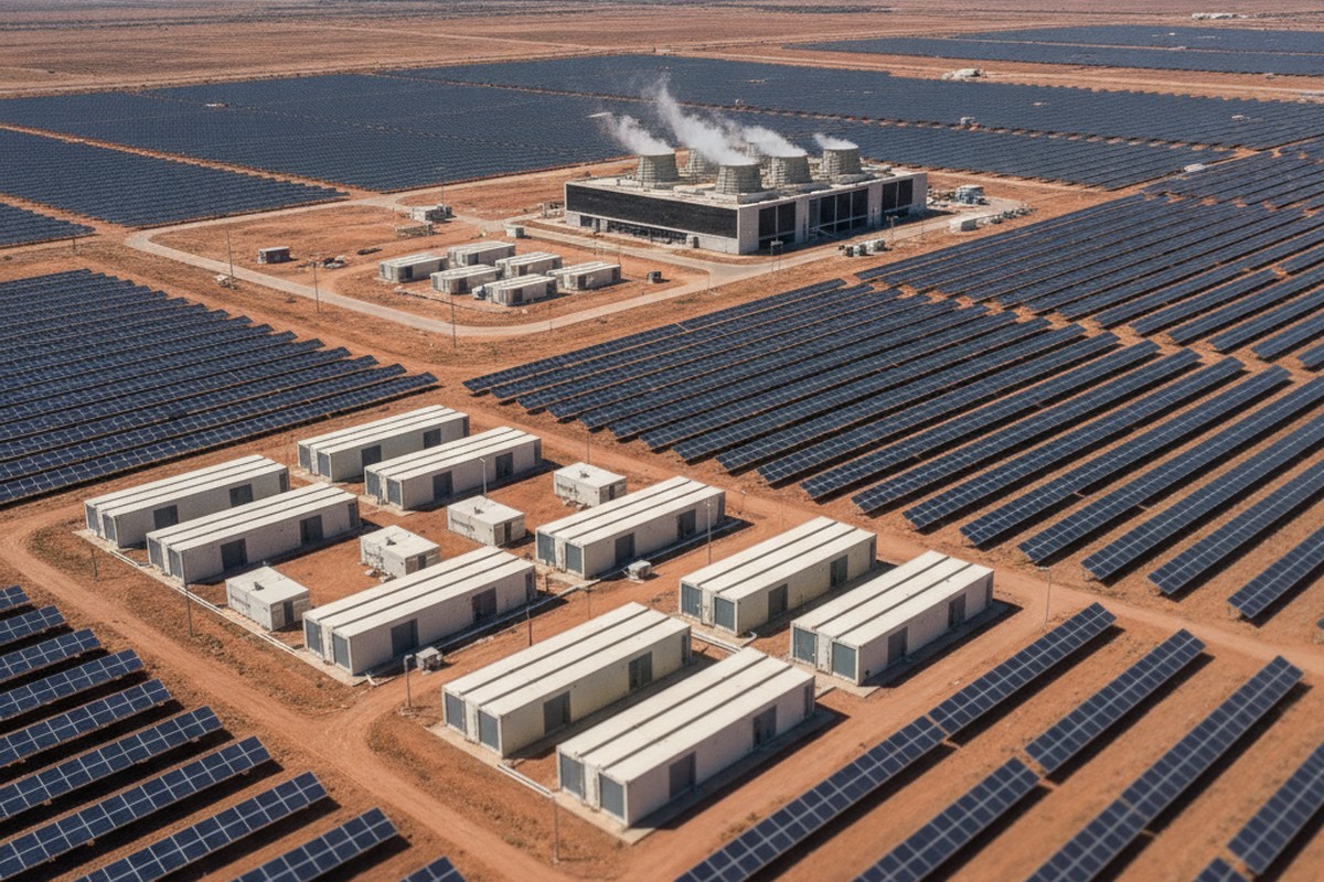 Solar power plant with battery energy storage adjacent to a data center, reflecting India's captive renewable power strategy for data center growth