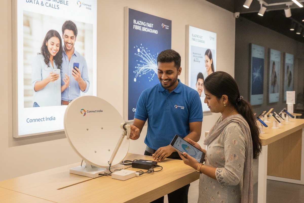A telecom retail store in India displaying a satellite internet kit alongside mobile and fibre broadband plans