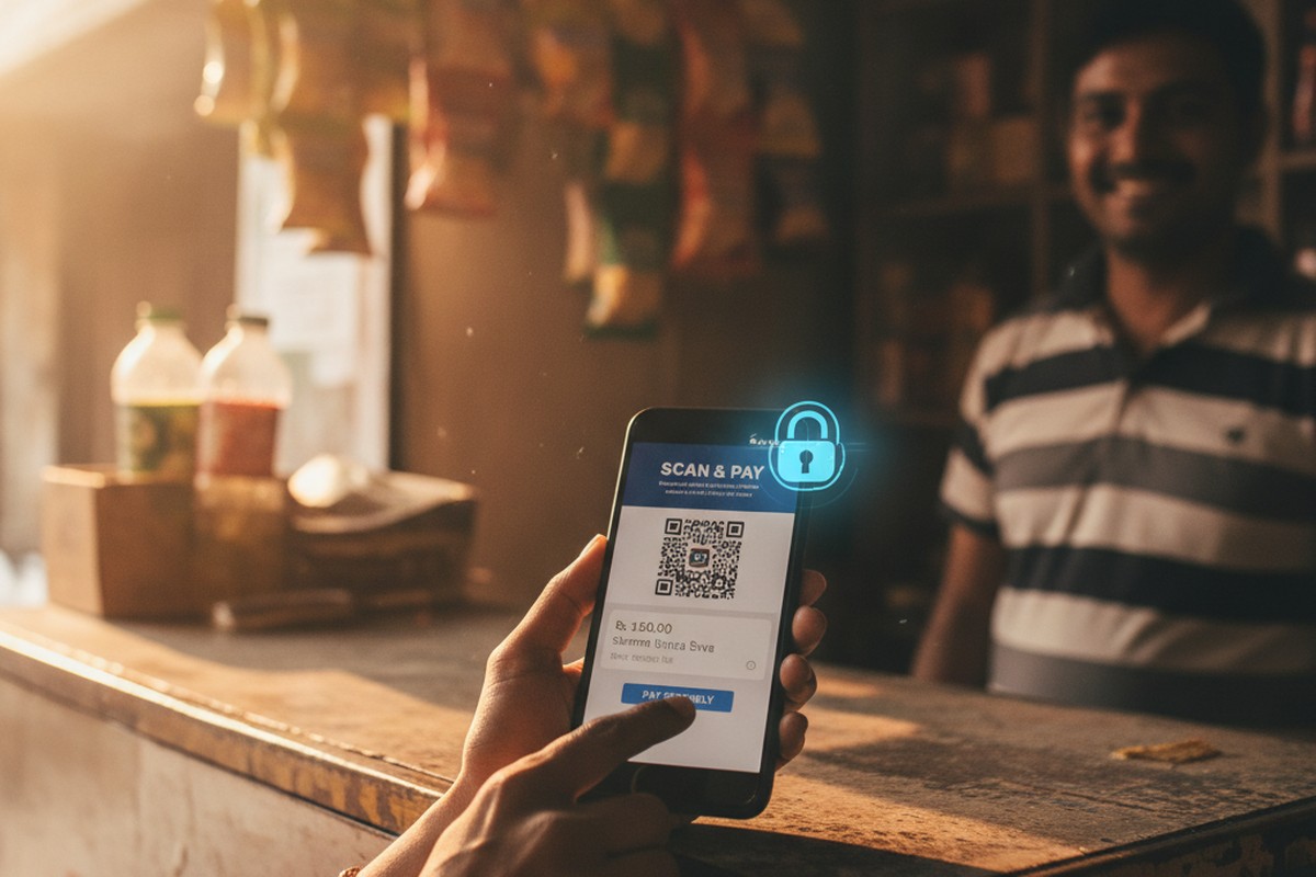 A customer making a UPI digital payment in India, illustrating the cryptographic security underpinning the payments system