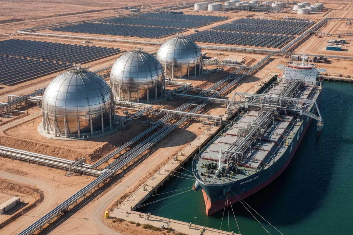 A green ammonia export terminal with storage spheres and a ship being loaded, representing hydrogen projects backed by long-term offtake agreements