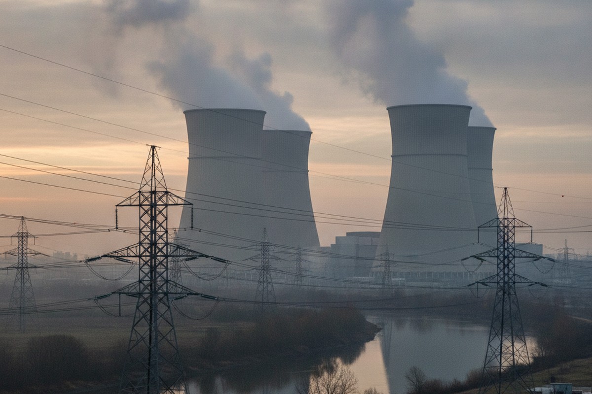 Nuclear power plant cooling towers releasing steam at sunrise with high-voltage transmission lines in the foreground