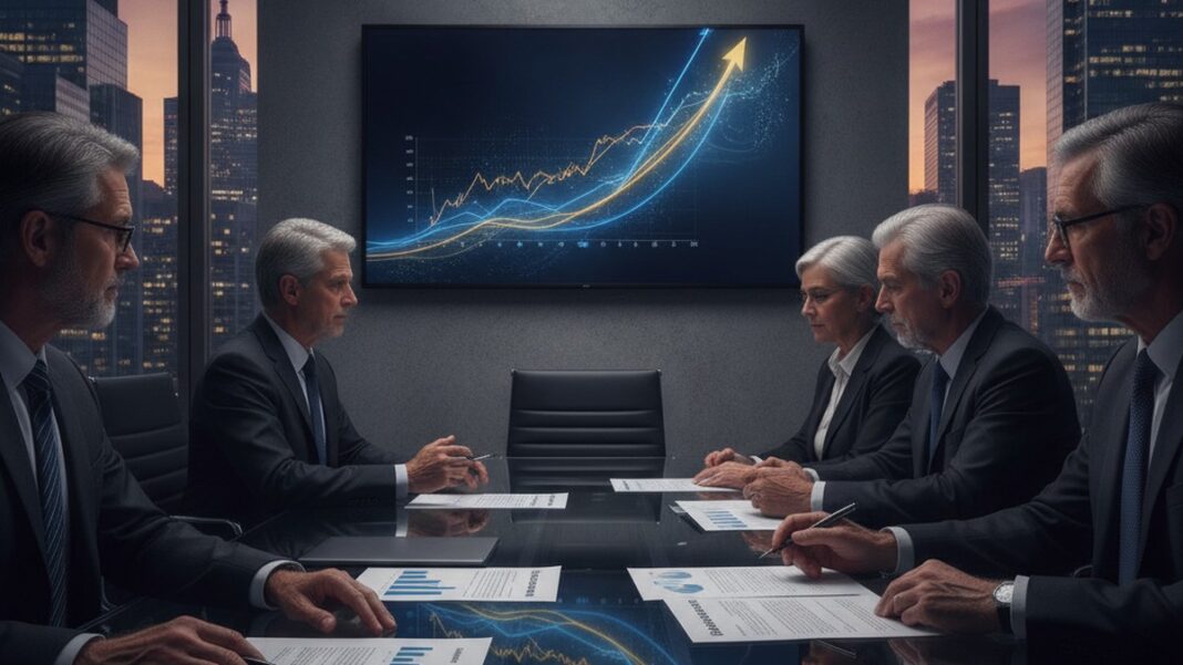Private Credit Isn’t Cheaper Money for CEOs. It’s a Lender That Can Freeze Overnight. Senior executives review a loan agreement in a corporate boardroom overlooking a financial district skyline, illustrating the rise of private credit lending