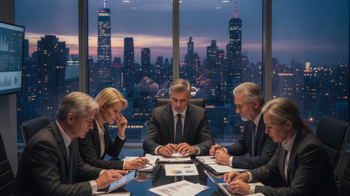 Executives review credit agreements in a corporate boardroom at dusk, symbolising the opacity of private credit financing