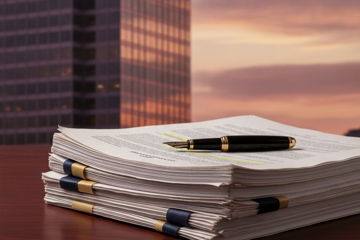Loan and insurance policy documents on a desk with a city skyline in the background, symbolizing private credit and insurance-linked capital