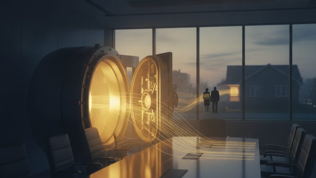 Private Credit Didn’t Replace the Bank. It Replaced the Depositor With a Retiree. Symbolic illustration of an open vault in a corporate boardroom with light flowing toward a distant retiree household, representing hidden private credit risk