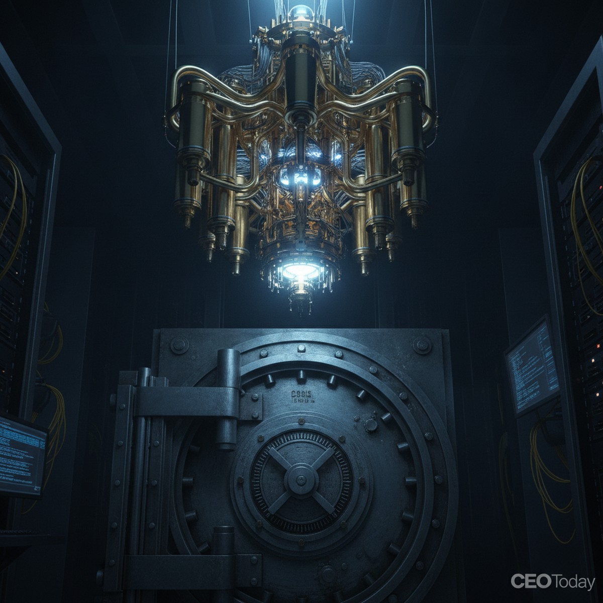 A glowing quantum computing cryostat suspended above a heavy steel bank vault door, representing the collision between quantum computing capability and financial-sector cryptographic security