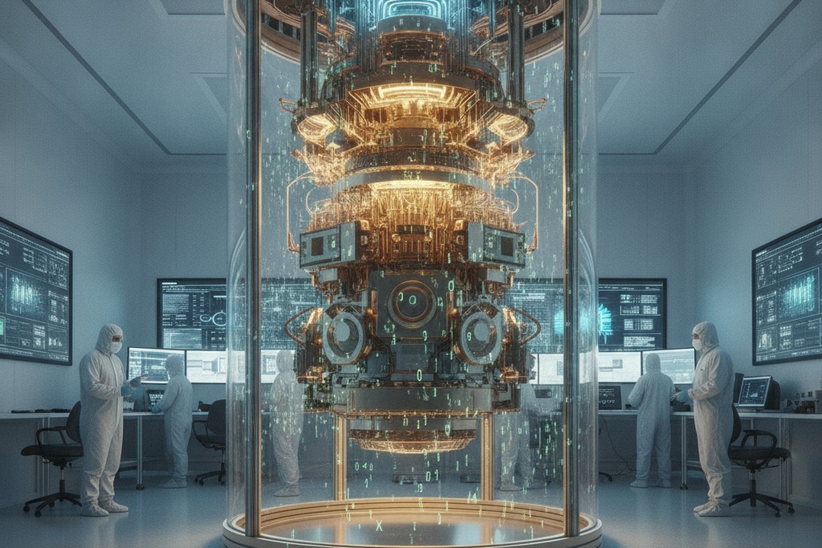 A quantum computer cryostat in a research cleanroom laboratory, representing the future technology that threatens today's encryption