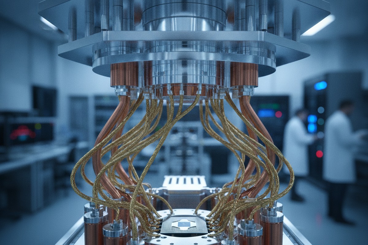 Close-up of a quantum computing chip and dilution refrigerator wiring in a research laboratory
