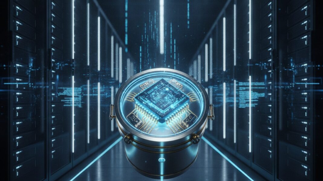 The Quantum Threat to Your Company Isn’t the Computer. It’s the Migration You Haven’t Started. Abstract quantum computing chip glowing inside a data center corridor, symbolizing the encryption risk quantum computers pose to enterprise cybersecurity