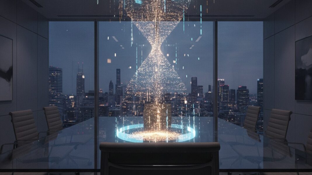 The Quantum Threat Isn’t a 2030 Problem for CEOs. It’s a Data Expiration Clock That’s Already Running. A darkened corporate boardroom at dusk with a glowing holographic countdown clock made of streaming encrypted data hovering above the table, symbolizing the ticking timeline on quantum-vulnerable data