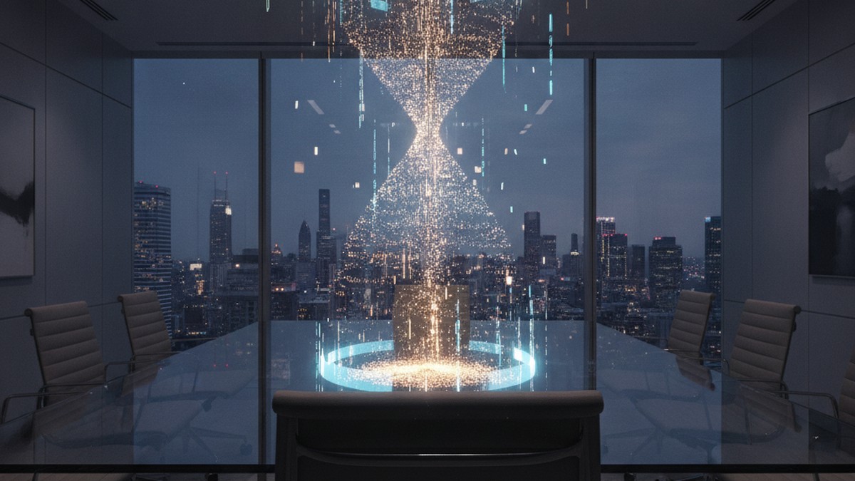 A darkened corporate boardroom at dusk with a glowing holographic countdown clock made of streaming encrypted data hovering above the table, symbolizing the ticking timeline on quantum-vulnerable data