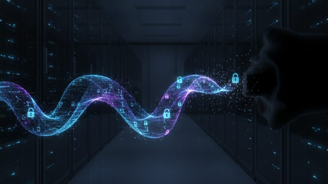 Harvest Now, Decrypt Later: Why Waiting for Q-Day Is Already Too Late Abstract visualization of encrypted data being intercepted in a data center, representing the harvest now decrypt later quantum cybersecurity threat