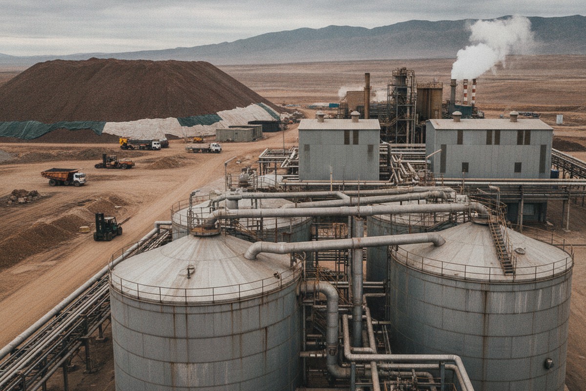 An industrial rare earth mineral processing and separation plant with storage tanks and ore stockpiles