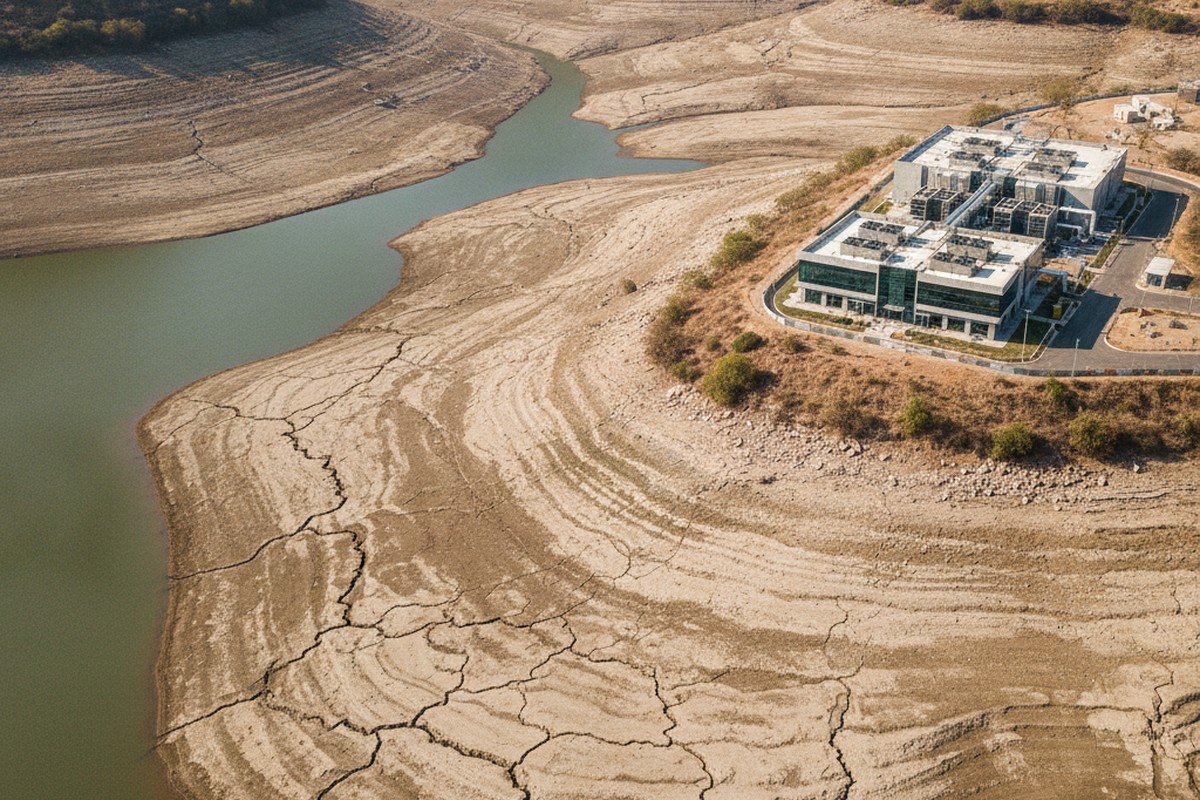 Aerial view of a critically low reservoir with a cracked dry lakebed near a modern data center facility