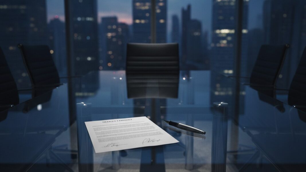 The Reverse Acqui-Hire Isn’t Evading Antitrust Law. It’s Revealing What the Law Was Never Built to Count. An empty boardroom with an unsigned merger contract on the table, symbolizing AI talent deals structured to avoid formal merger review