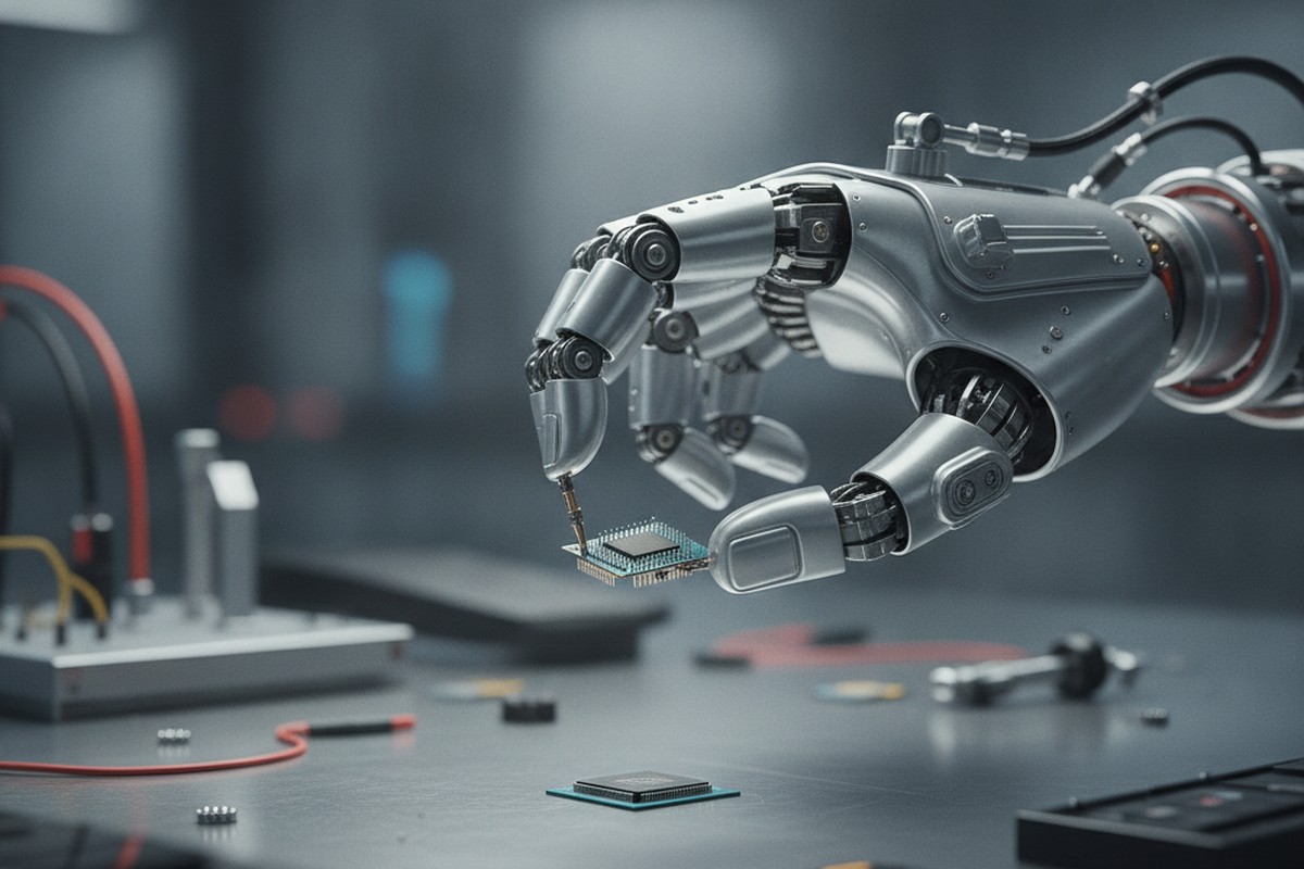 Robotic hand handling an electronic component on a factory workbench