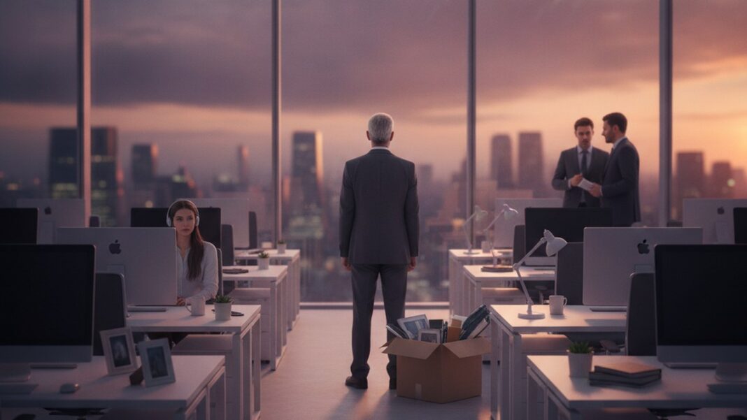 Return-to-Office Was Never a Culture Policy. It’s a Leverage Test, and the Results Are In A senior employee looks out over an empty corporate office at dusk with a packed box beside them, symbolizing talent lost to return-to-office mandates