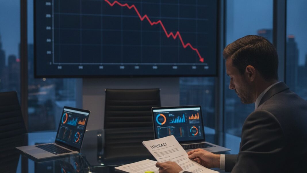 The SaaS Crash Isn’t About AI Replacing Software. It’s About Software Finally Being Asked to Prove It Worked. A CFO reviews an AI vendor pricing contract in a boardroom as a screen shows a declining software stock index, illustrating the 2026 SaaS valuation reset.