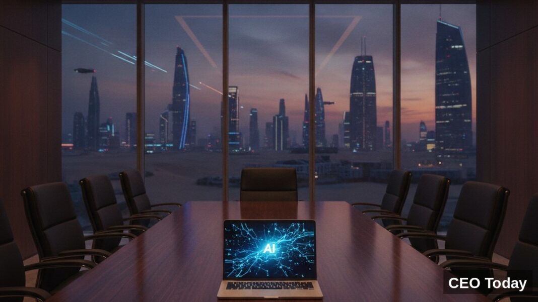 Sovereign Capital Isn’t Just Bankrolling AI. It’s Quietly Buying Control, and Most Cap Tables Don’t Price It. An executive boardroom overlooking a futuristic skyline at dusk, with a laptop displaying an AI network graphic, symbolising sovereign capital entering AI company boardrooms