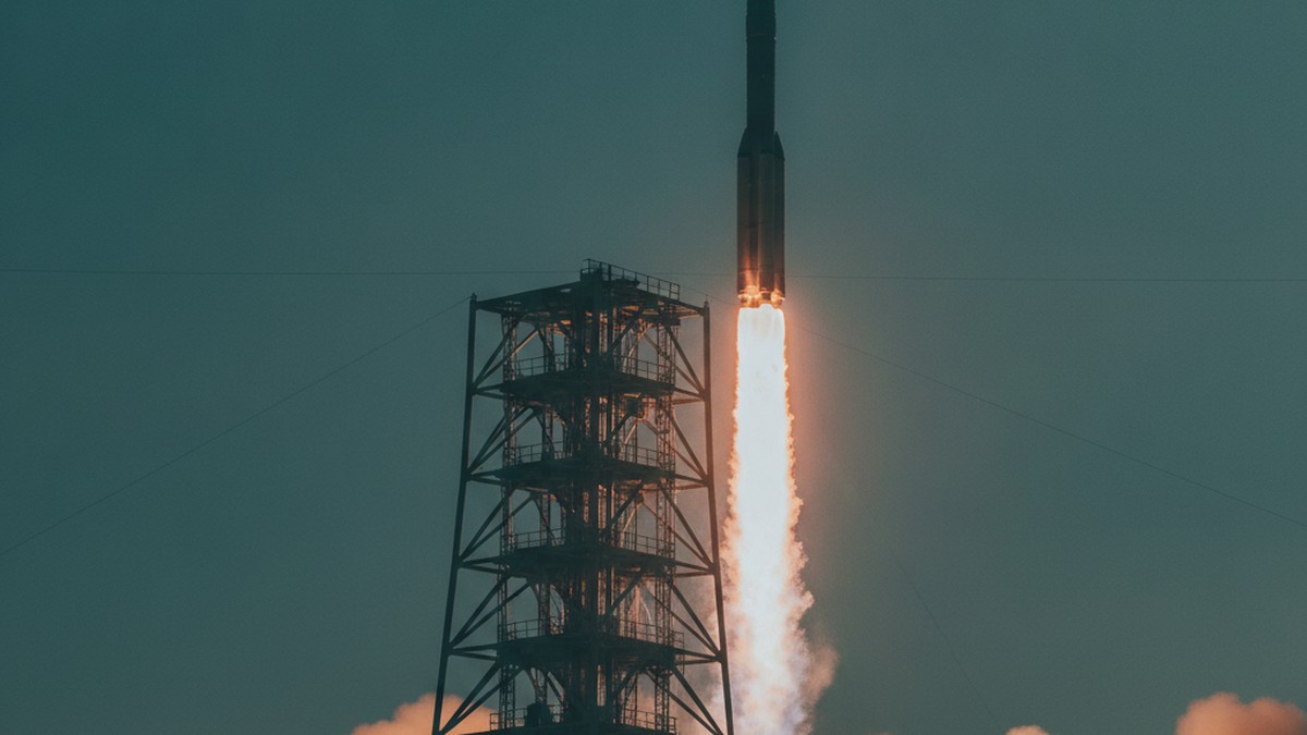 A rocket launches at dusk, symbolizing SpaceX's record $1.77 trillion IPO after 24 years as a private company.