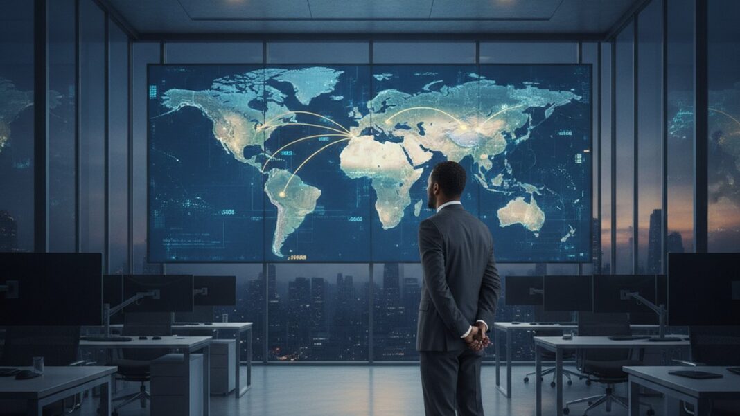 The Treasury Backdoor: Why the Stablecoin Boom Is a Currency War Dressed as a Payments Upgrade Digital wall map showing global currency flows between financial centers, representing stablecoin-driven dollarization of cross-border payments