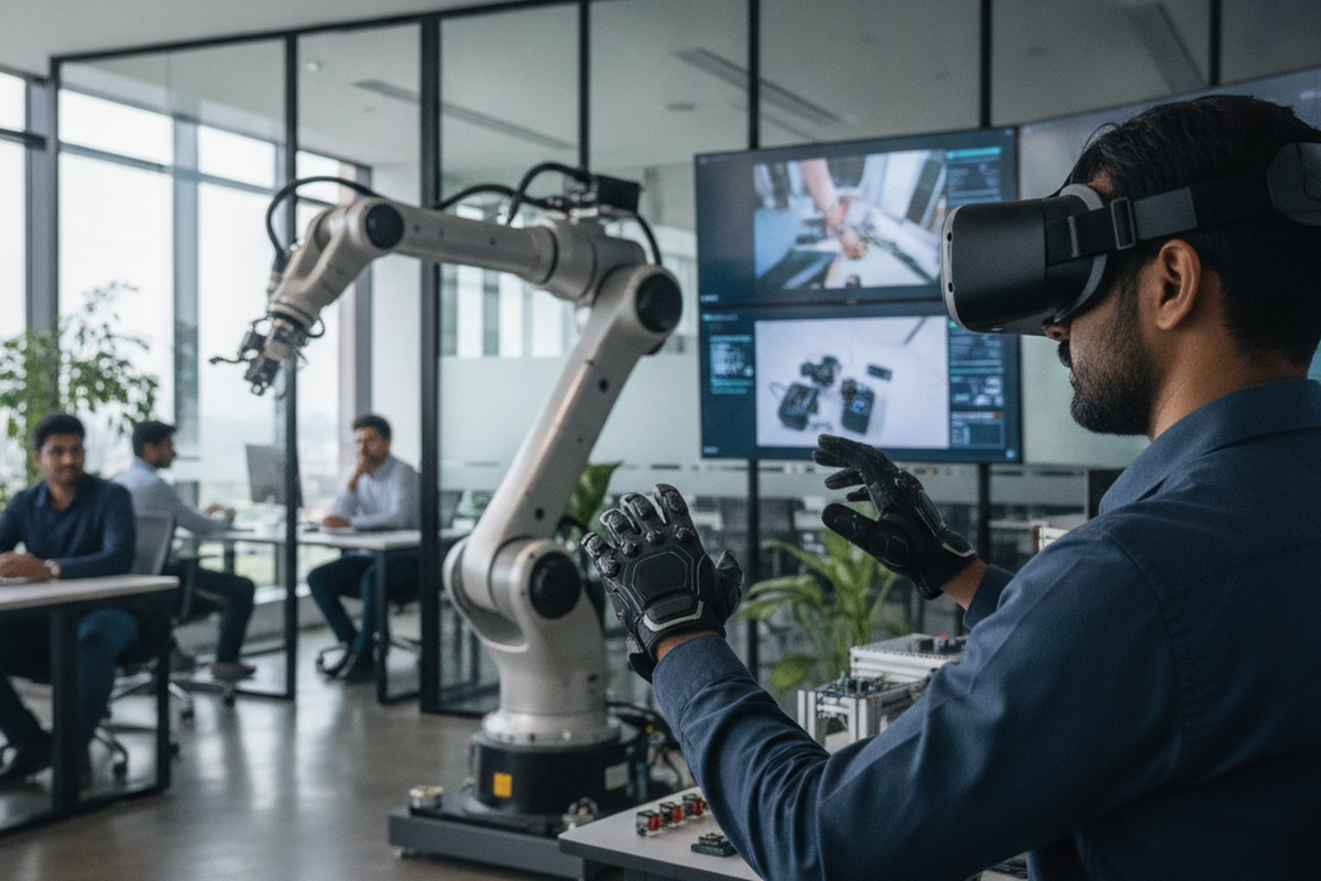 Operator teleoperating a robotic arm using haptic controls in an Indian tech office