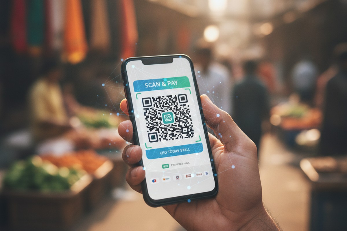 Hand scanning a UPI QR code payment at an Indian market stall, representing India’s payment rails extending into agentic commerce