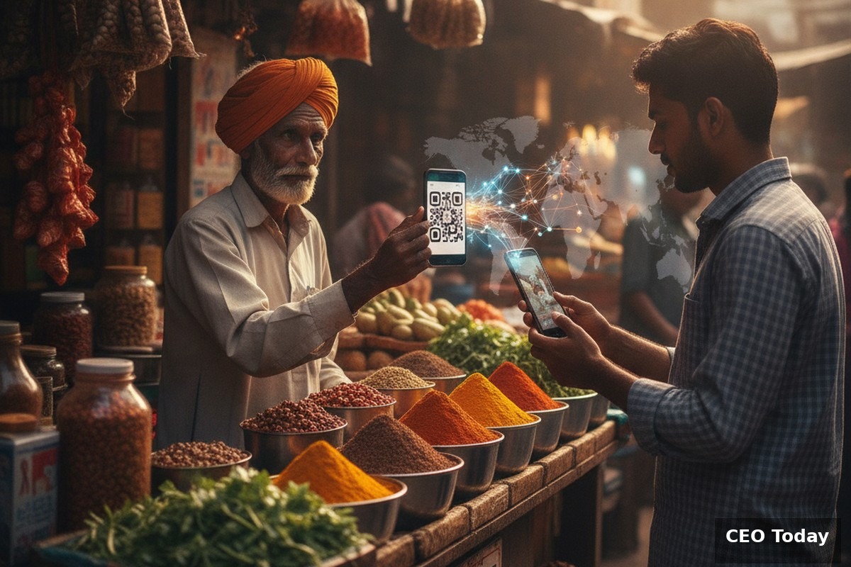 Indian shopkeeper accepting a QR code digital payment, symbolizing UPI's cross-border expansion