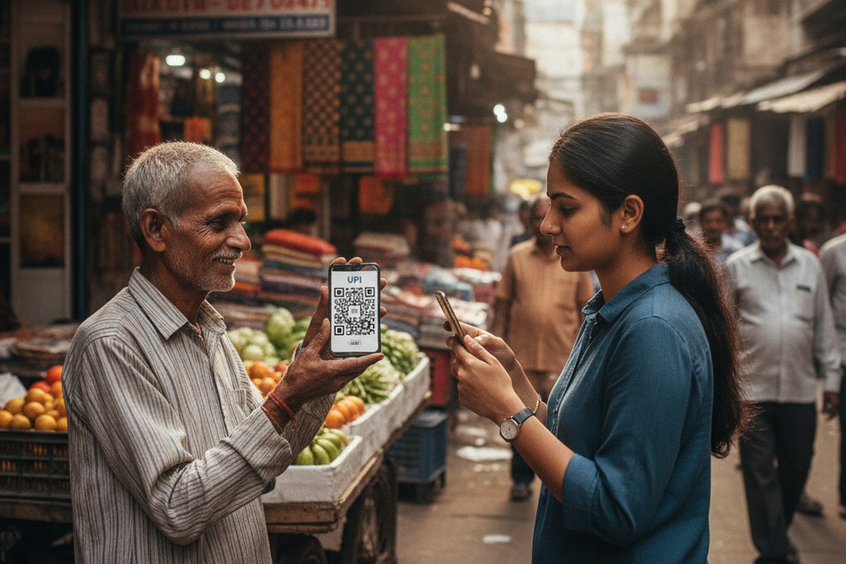 A shopkeeper accepting a UPI QR code payment at a market in Mumbai, India